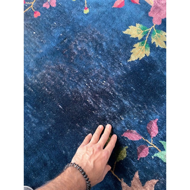 1920-1930's Antique Art Deco Asian Botanical Garden Magenta Berry Navy Purple Green Rug 9 2 X 11 8 For Sale - Image 12 of 13