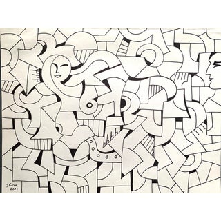 Abstract Cubist Female Figure Ink Drawing Sante Fe Artist For Sale