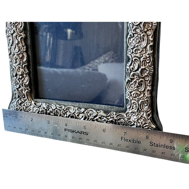 1980s Rococo Revival Silverplated Picture Frame With Floral Scrollwork and Crest Cartouche 10.75" × 8.5" for 5" × 7" Image For Sale - Image 11 of 13
