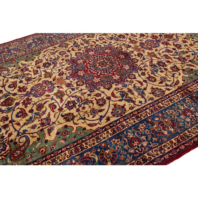 Green Antique Tabriz Persian Wool Rug Wth Rosette Motif For Sale - Image 4 of 8