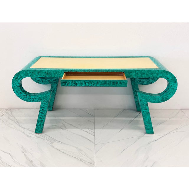 Green Hand Painted Faux Malachite Console / Desk, Alessandro, Baker, 1980's For Sale - Image 8 of 11