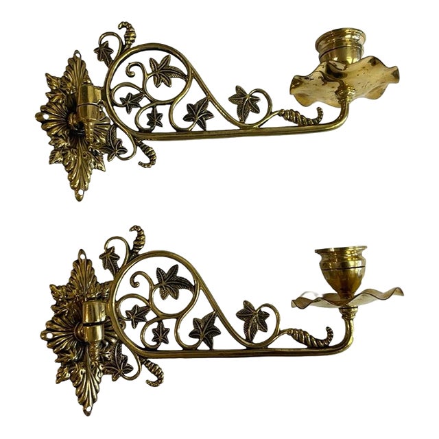 Pair of Early 20th Century Brass Wall Mounted Swing Arm Candle Sconce For Sale