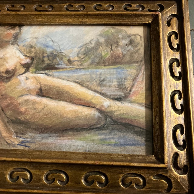 Figurative 1970’s Original Female Nude in Landscape Pastel Drawing Vintage Gold Frame For Sale - Image 3 of 4