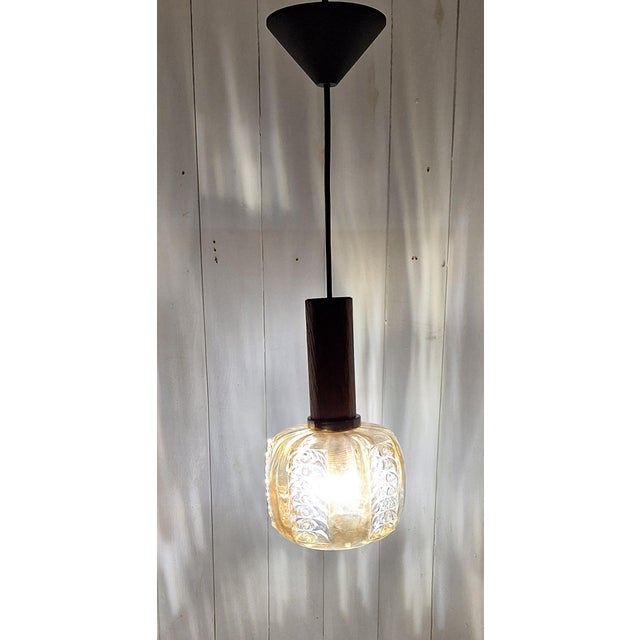 Metal Vintage Pendant Lamp with Tinted Glass Shade on an Oak Mount, 1980s For Sale - Image 7 of 7
