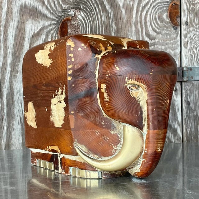 Vintage Boho Carved Wood and Brass Elephant For Sale In West Palm - Image 6 of 8