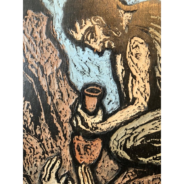 Jacob Steinhardt, German Expressionist Hand Carved Colored Original Wood Pane Art Israeli Bezalel, 1965 For Sale - Image 4 of 13