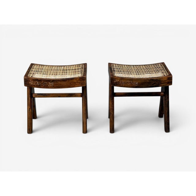 Mid-Century Modern Pierre Jeanneret, Low Cane Stools, Teak, Cane, Chandigarh, India, 1960s For Sale - Image 3 of 13