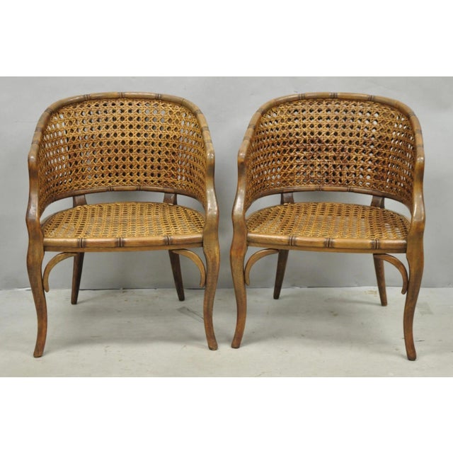 Traditional Vintage Hollywood Regency Faux Bamboo Wood & Cane Barrel Back Lounge Chair, Pair For Sale - Image 3 of 15
