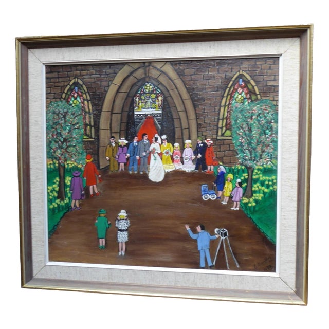 Eunice Bentley, The Wedding, 1972, Oil Painting on Board, Framed For Sale
