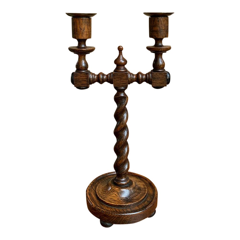 Vintage English Oak BARLEY TWIST Candlestick Candle Holder Candelabra