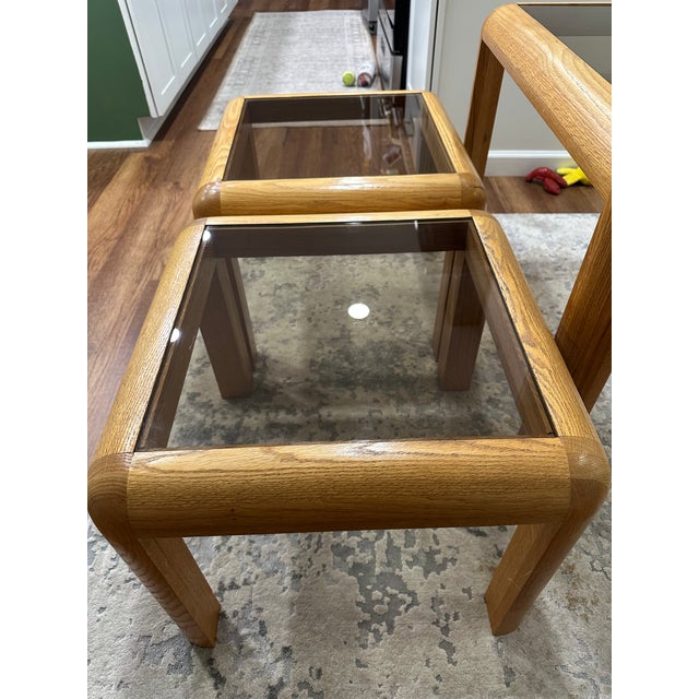 Authentic vintage Danish Modern style table set featuring solid oak construction, rounded waterfall edges, and original...