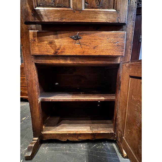 Brown Antique French Country Knotty Pine Bonnetière Armoire With Diamond Carvings, Late 18th Century For Sale - Image 8 of 11