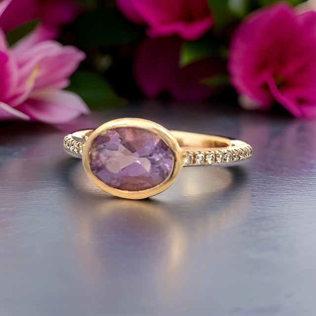 1990s Natural Amethyst Diamond Ring Size 6.5 14k Y Gold 1.87 TCW Certified For Sale - Image 5 of 11