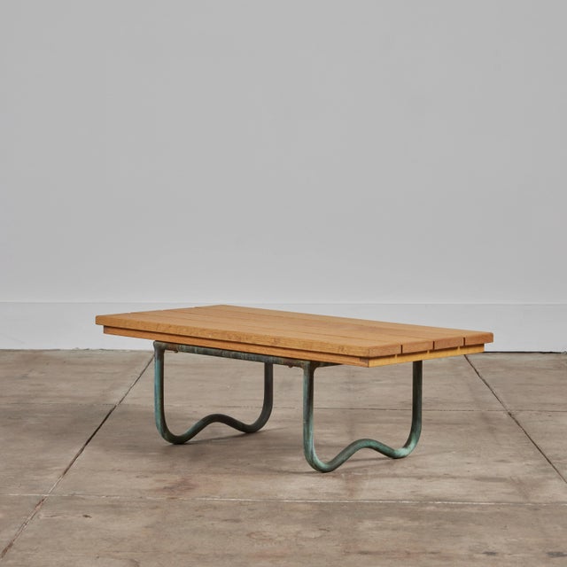 1950s Bronze Patio Beach Table With Wood Top by Walter Lamb for Brown Jordan, Attributed For Sale In Los Angeles - Image 6 of 11