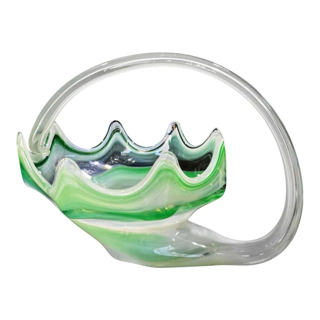 Vintage Murano Green Blown Art Glass Centerpiece Cornucopia Bowl W/ Handle For Sale