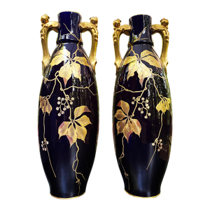 Late 19th Century Gustave Asch Blue Ceramic Vases Wine Grapes and Leaves - A Pair