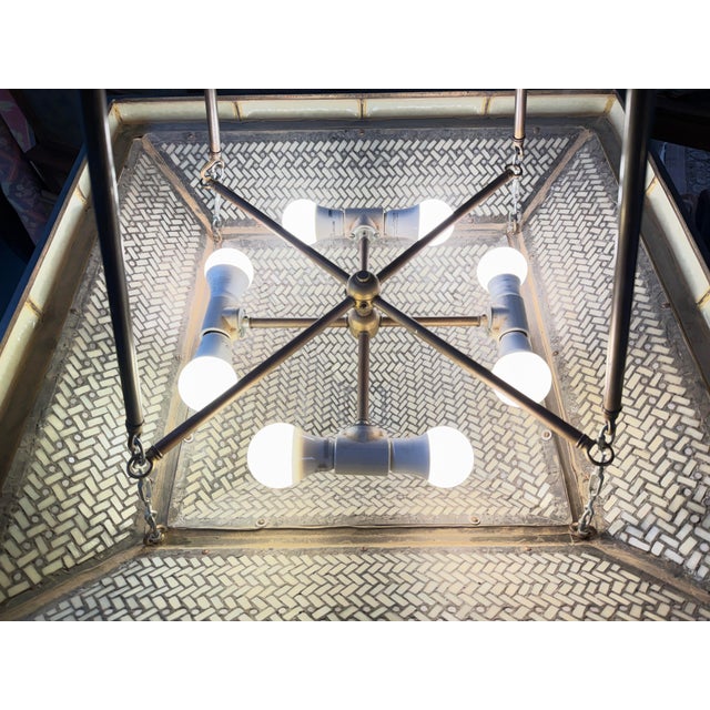 Hilliard Lamps Art Mosaic Glass With Bronze Pyramid Chandelier For Sale - Image 9 of 12