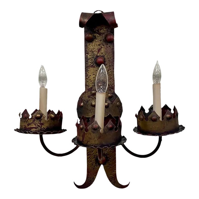 Wrought Iron Gothic Revival Three Light Wall Sconce c.1950 For Sale