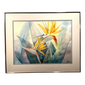 1987 Birds of Paradise Original Watercolor by California Artist Jackie Carty, Framed