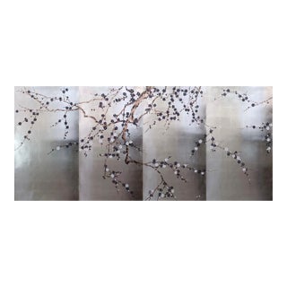 Silver Leaf Chinoiserie Hand-Painted Plum Blossom Wall Panels (Set of 4) For Sale