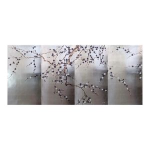 Silver Leaf Chinoiserie Hand-Painted Plum Blossom Wall Panels (Set of 4)