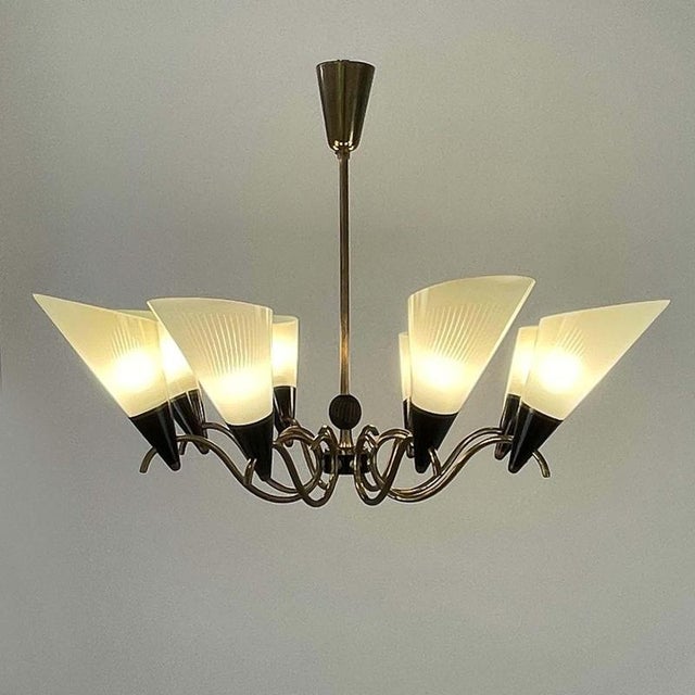 Scandinavian Opaline Glass and Brass Chandelier, 1950s For Sale - Image 3 of 17