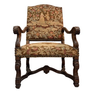 French Belle Époque Louis XIV Style Fauteuil Armchair Accent Chair (C. 1890–1910) With Hand-Stitched Needlepoint Tapestry For Sale