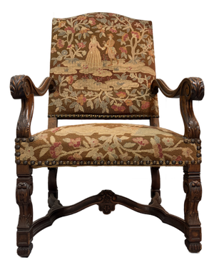French Belle Époque Louis XIV Style Fauteuil Armchair Accent Chair (C. 1890–1910) With Hand-Stitched Needlepoint Tapestry