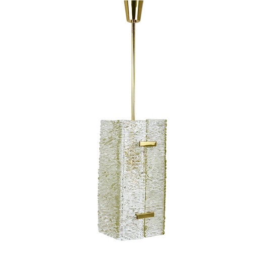 Rectangular Textured Glass & Brass Pendant Lamp attributed to J. T. Kalmar for Kalmar, 1950s For Sale