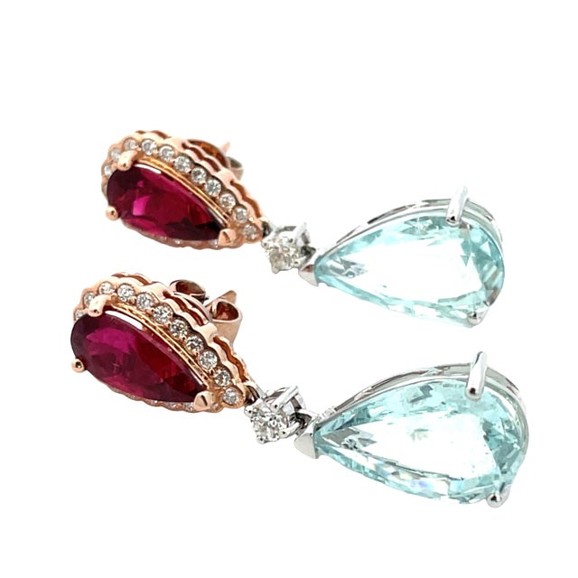 Metal 18k Gold Dangle Earrings With Aquamarine Rubellite and Diamonds, A Pair For Sale - Image 7 of 14