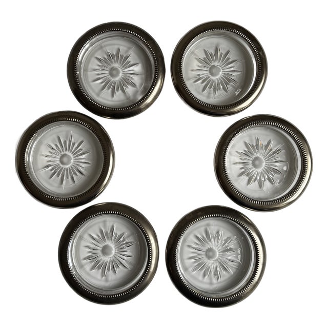 1970s Italian Silverplate & Crystal Starburst Coasters — Set of 6 For Sale