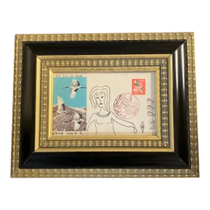 Contemporary Original Judy Henn Abstract Ink Drawing/Collage “First Day Craning” Framed