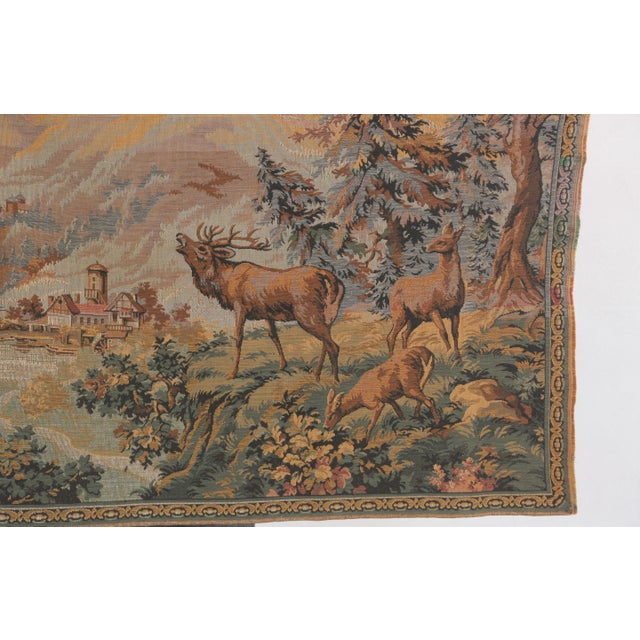 Vintage Alpine Mountain Chalet Deer Woodland Scene Flemish Tapestry For Sale - Image 17 of 18