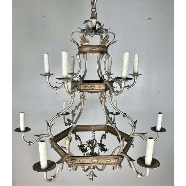 1930s Monumental Two-Tiered 12-Light Silvered Chandelier W/ Crown For Sale - Image 10 of 16
