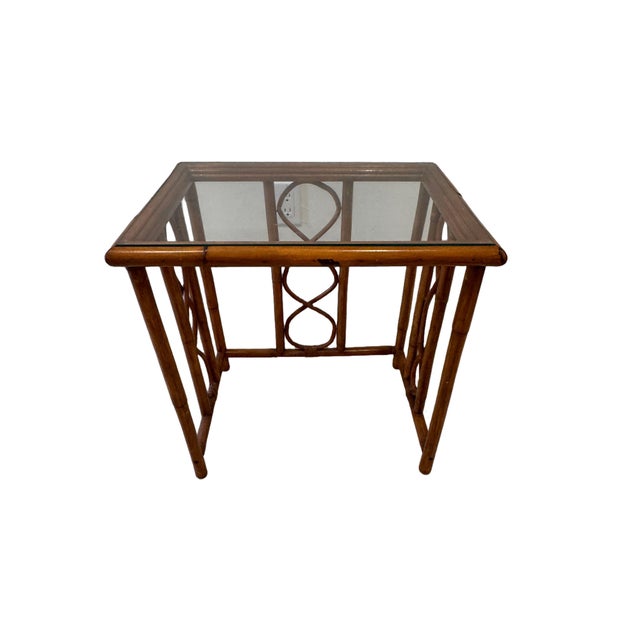Tan Vintage Burnt Bamboo Rattan Nesting Tables With Glass Tops, Set of 3, C. 1970s For Sale - Image 8 of 17