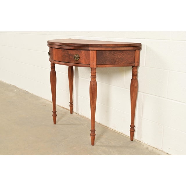 Traditional Baker Furniture Style Antique Federal Flame Mahogany Flip Top Demilune Console Game Table, Circa 1920s For Sale - Image 3 of 14