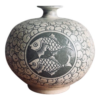 Korean Buncheong Style Stoneware Vase | Fully Hand-Incised Cloud Scroll Carp Medallion | Moon Jar Form | Korean Character Mark For Sale