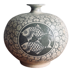 Korean Buncheong Style Stoneware Vase | Fully Hand-Incised Cloud Scroll Carp Medallion | Moon Jar Form | Korean Character Mark