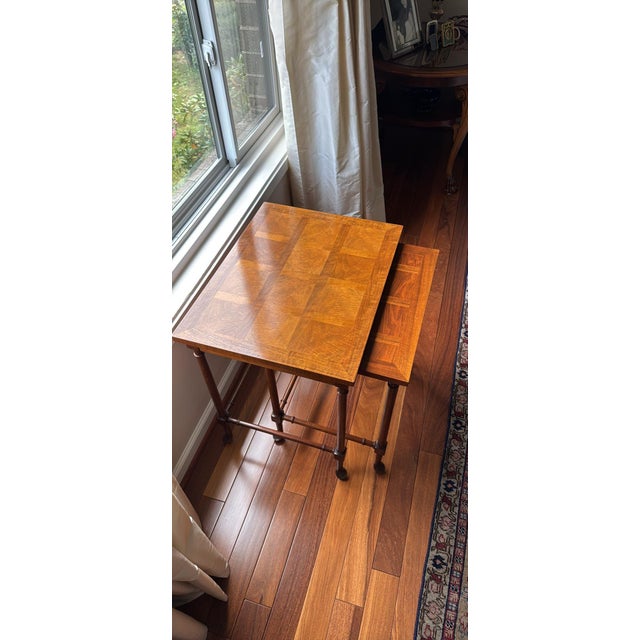 1980s Baker Furniture English Regency Walnut and Burl Wood Parquet Top Nesting Tables, Pair For Sale - Image 5 of 12