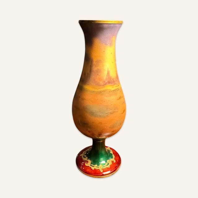 This early 20th century antique French Limoges enamel on copper vase was hand painted in the Art Nouveau style with an...