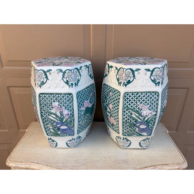 Ceramic Late 20th Century Chinoiserie Floral Green and Pink Porcelain Garden Stools or Side Tables, Pair For Sale - Image 7 of 10