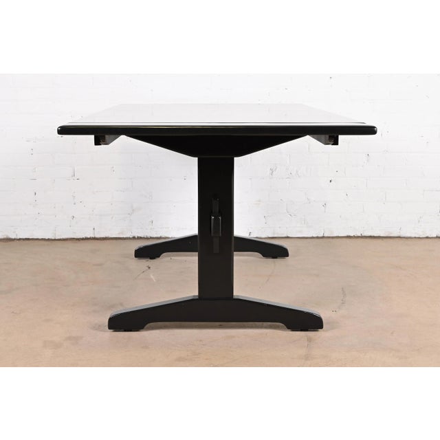 Ethan Allen Black Lacquered Pine Trestle Base Farmhouse Extension Dining Table, Newly Refinished For Sale - Image 11 of 13