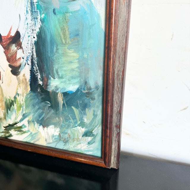 Blue Vintage Asian Framed Watercolor Painting of Man in Nature For Sale - Image 8 of 9