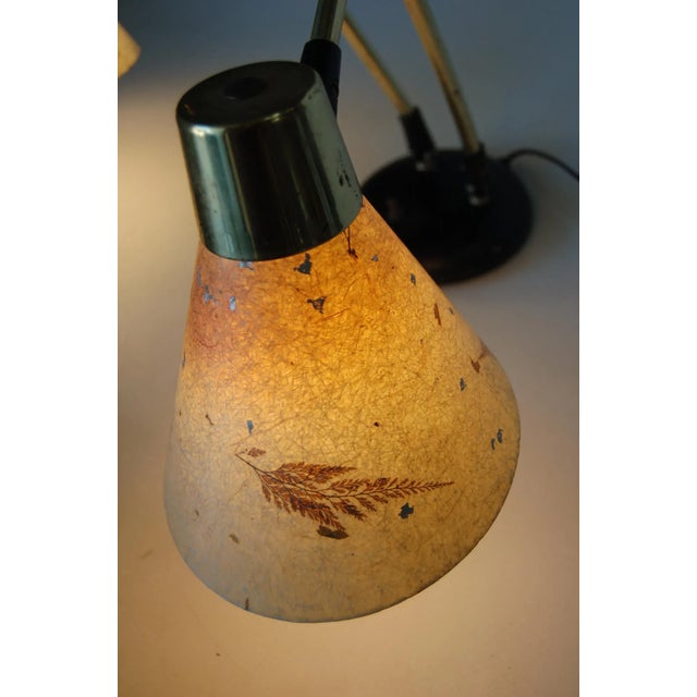 White Double Gooseneck Brass Desk Table Lamp W/ Pressed Floral Fiberglass For Sale - Image 8 of 9