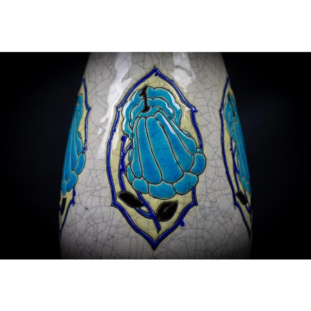 Art Deco Vase in Glazed Crackled Earthenware with Blue Flowers by Maurice Dufrene for Keramis, La Louviere, Belgium, 1920s For Sale - Image 4 of 15