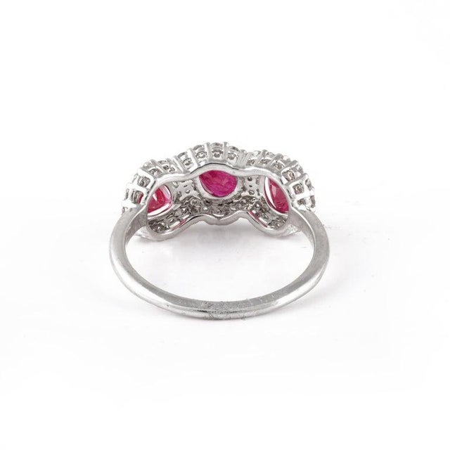 Red Pear Cut Ruby and Diamond Trilogy Ring in 18k White Gold Size 7 For Sale - Image 8 of 12