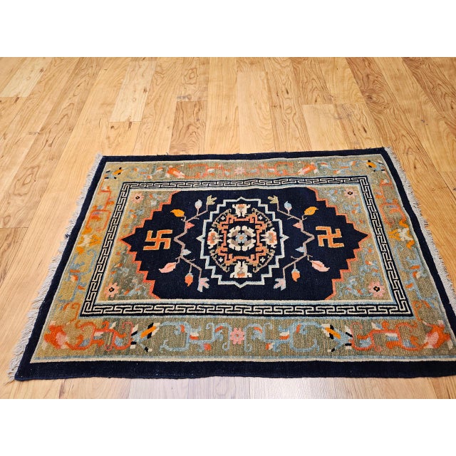 Vintage Tibetan Medallion Rug, Wool on Cotton, Black & Green, 1900s, 2' x 3' For Sale - Image 10 of 11