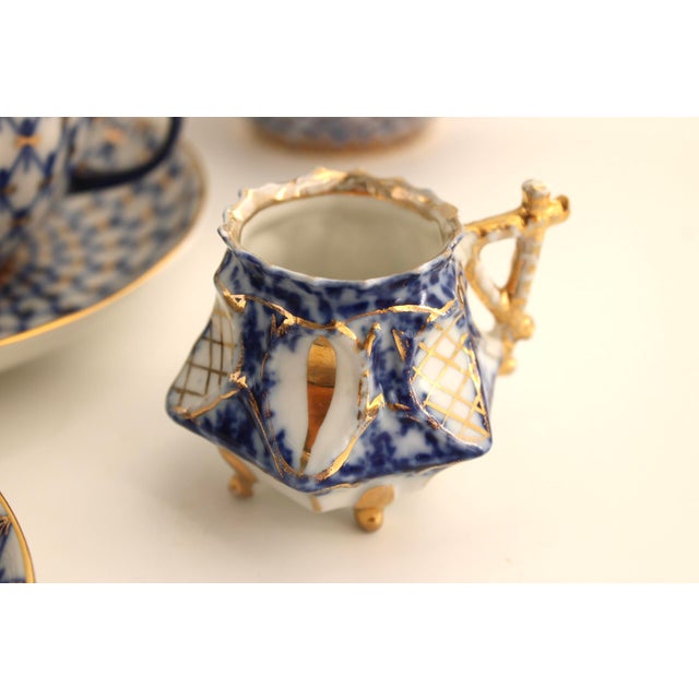Traditional Late 20th Century Lomonosov Imperial Cobalt Net Porcelain Tea Pot & Set, 10 Piece For Sale - Image 3 of 13