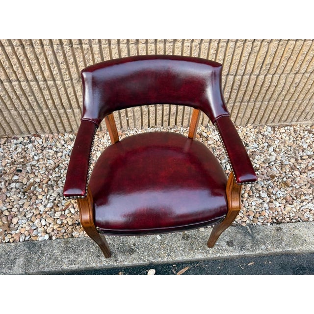 Wood Late 20th Century Hickory Leather Company Set of Four Vintage Burgundy/ Oxblood Vinyl Brass Nailhead Armchairs For Sale - Image 7 of 11
