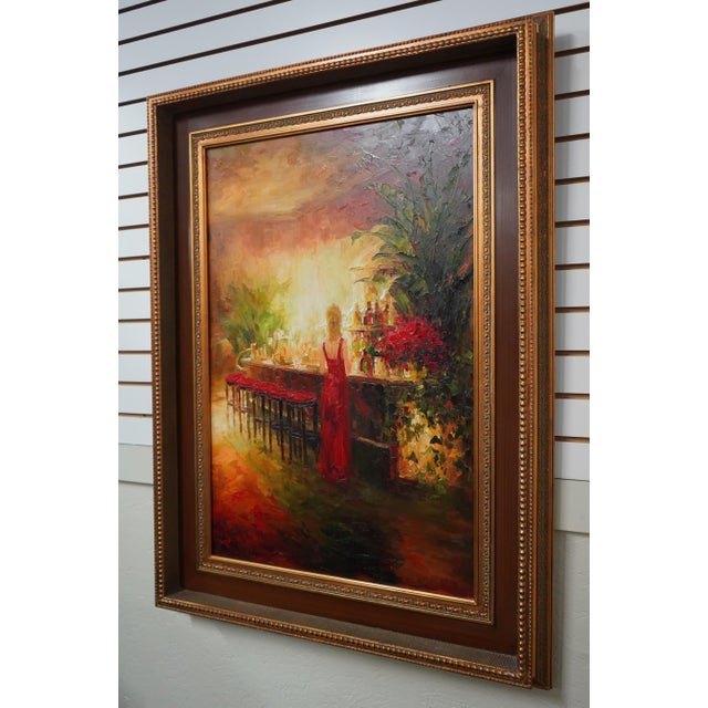 Age: Approx. 30 Years Old Details: Textured Oil Paint on Canvas Woman at Bar Nice Gold Finish Frame Unsigned But In Manner...